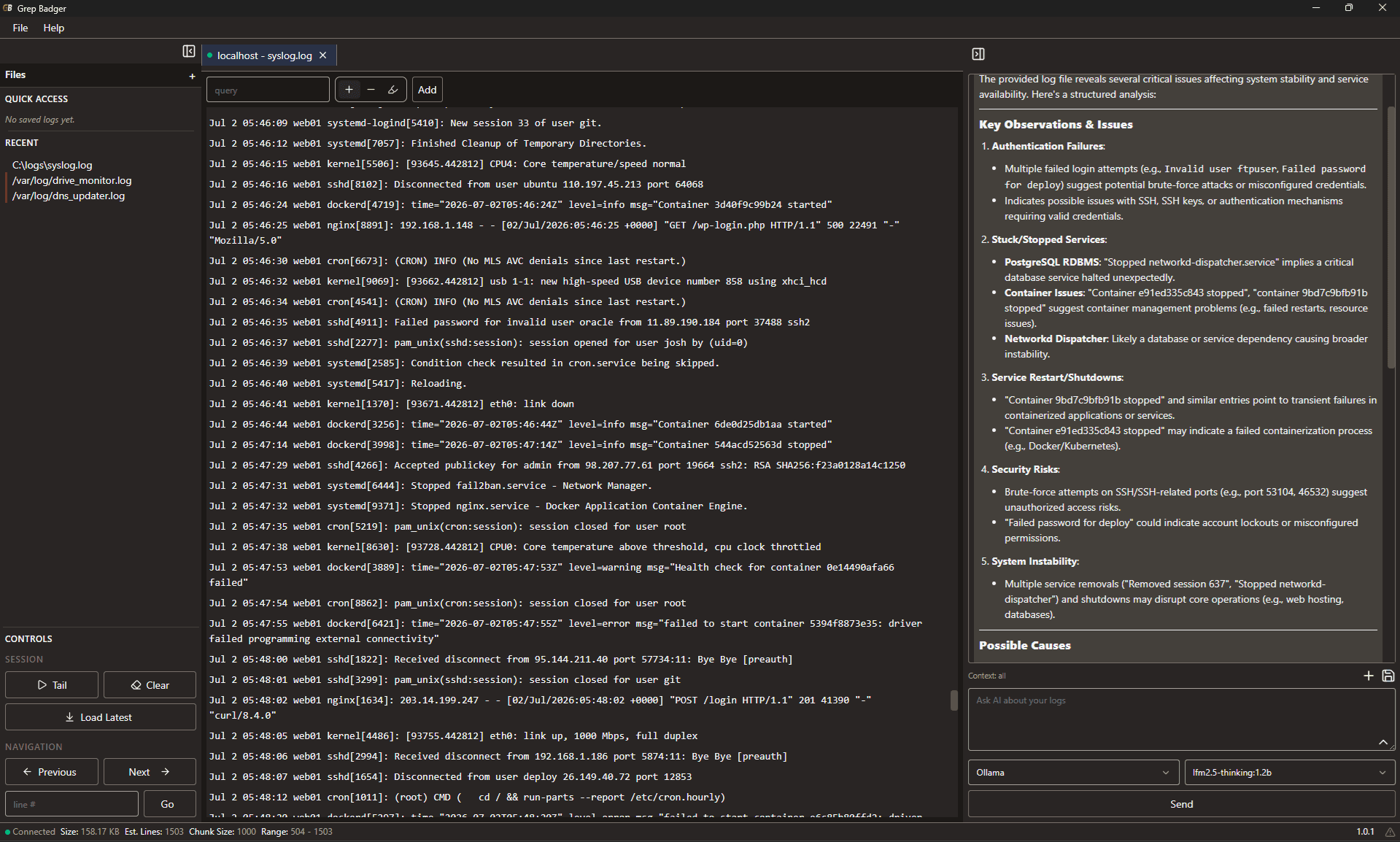 Grep Badger log assessment — AI-powered analysis of log files